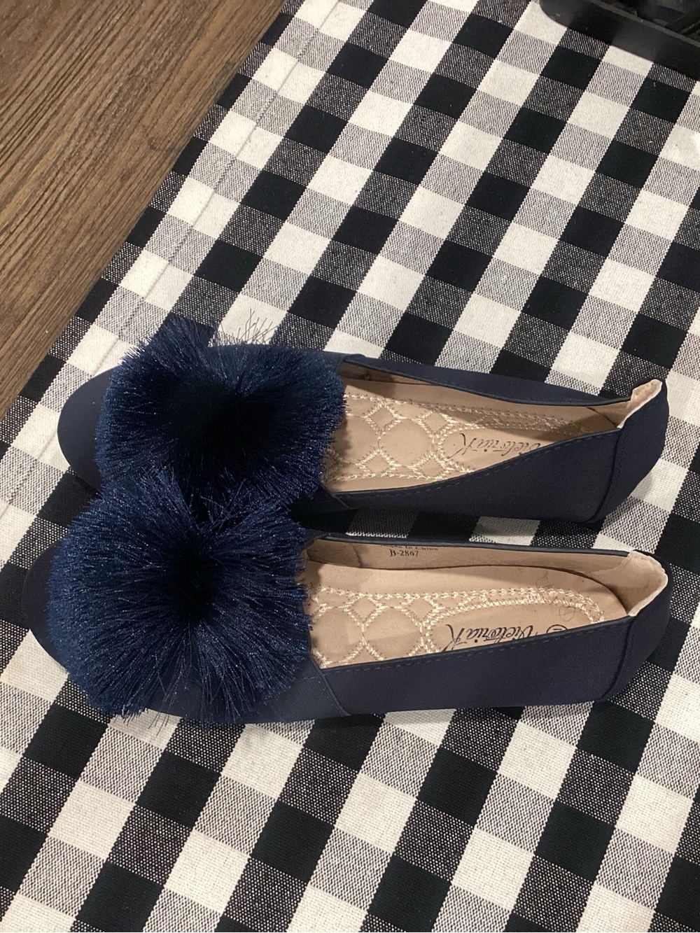 Velvet Navy Pom-Pom Flats by Waterfront